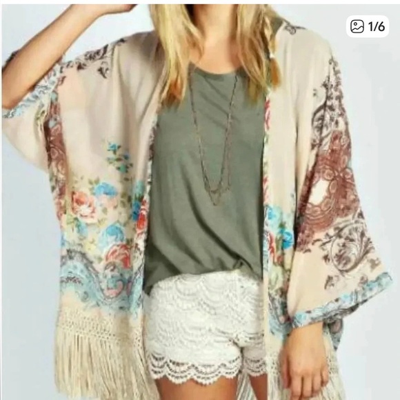 None Other - Floral Fringe Kimono